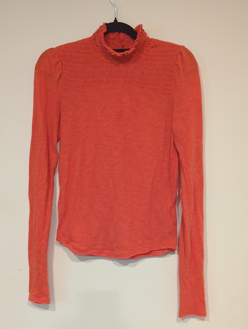 We The Free Coral Orange Smocked Mock Neck Long Sleeve Top